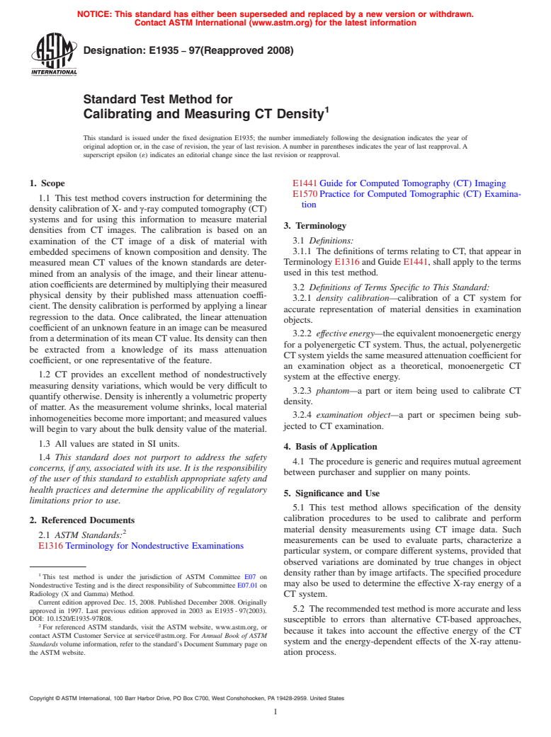 ASTM E1935-97(2008) - Standard Test Method for Calibrating and Meausring CT Density