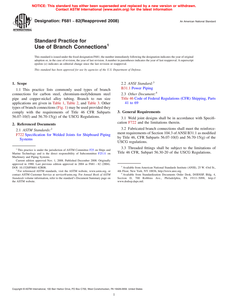 ASTM F681-82(2008) - Standard Practice for Use of Branch Connections