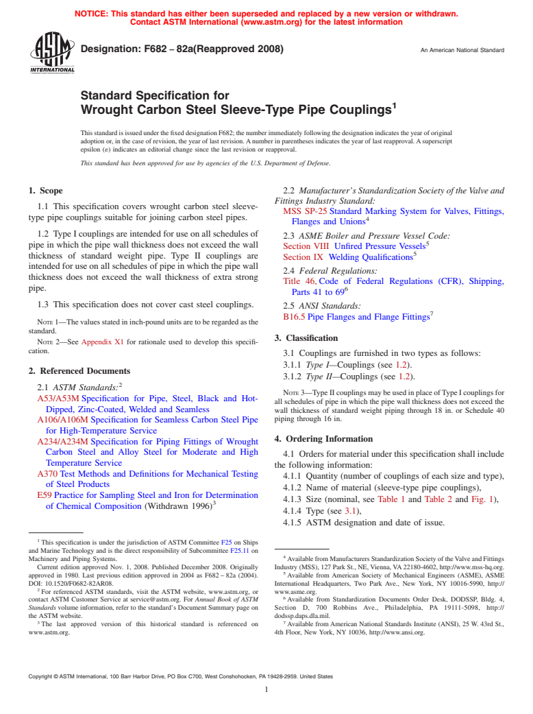 ASTM F682-82a(2008) - Standard Specification for Wrought Carbon Steel Sleeve-Type Pipe Couplings