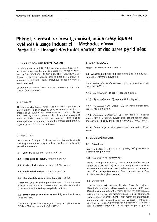 ISO 1897-3:1977 - Phénol, o-crésol, m-crésol, p-crésol, acide crésylique et xylénols a usage industriel -- Méthodes d'essai