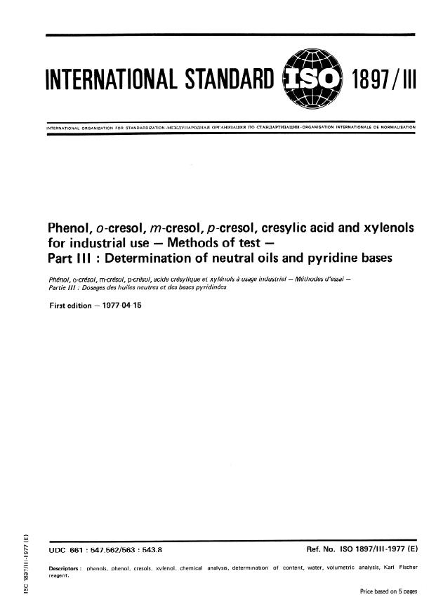 ISO 1897-3:1977 - Phenol, o-cresol, m-cresol, p-cresol, cresylic acid and xylenols for industrial use -- Methods of test