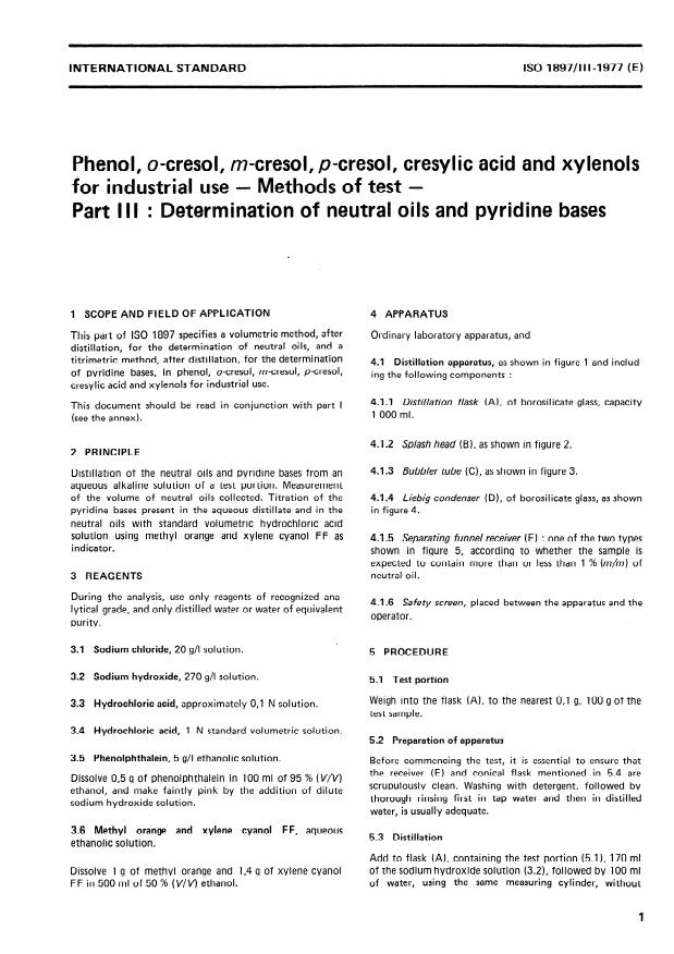 ISO 1897-3:1977 - Phenol, o-cresol, m-cresol, p-cresol, cresylic acid and xylenols for industrial use -- Methods of test