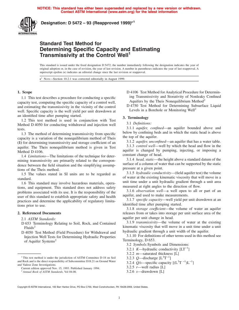 ASTM D5472-93(1999)e1 - Standard Test Method for Determining Specific Capacity and Estimating Transmissivity at the Control Well