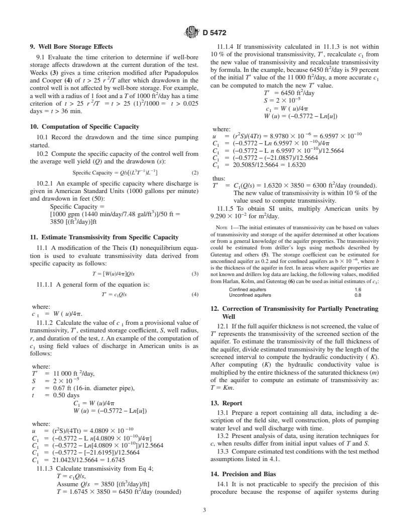 ASTM D5472-93(1999)e1 - Standard Test Method for Determining Specific Capacity and Estimating Transmissivity at the Control Well