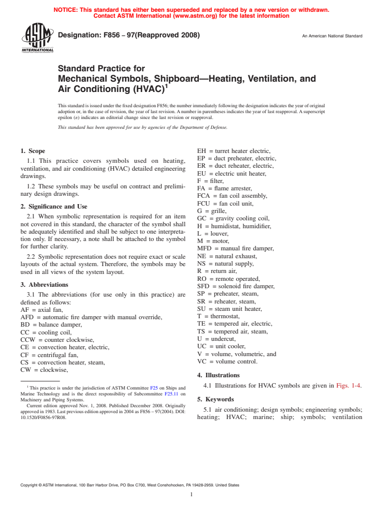 ASTM F856-97(2008) - Standard Practice for Mechanical Symbols, Shipboard&#8212;Heating, Ventilation, and Air Conditioning (HVAC)