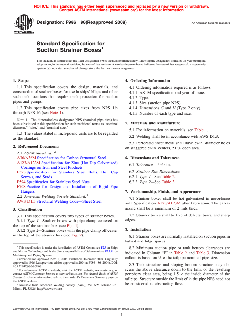 ASTM F986-86(2008) - Standard Specification for Suction Strainer Boxes