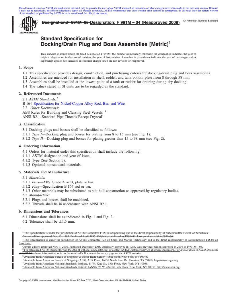 REDLINE ASTM F991M-04(2008) - Standard Specification for Docking/Drain Plug and Boss Assemblies [Metric]