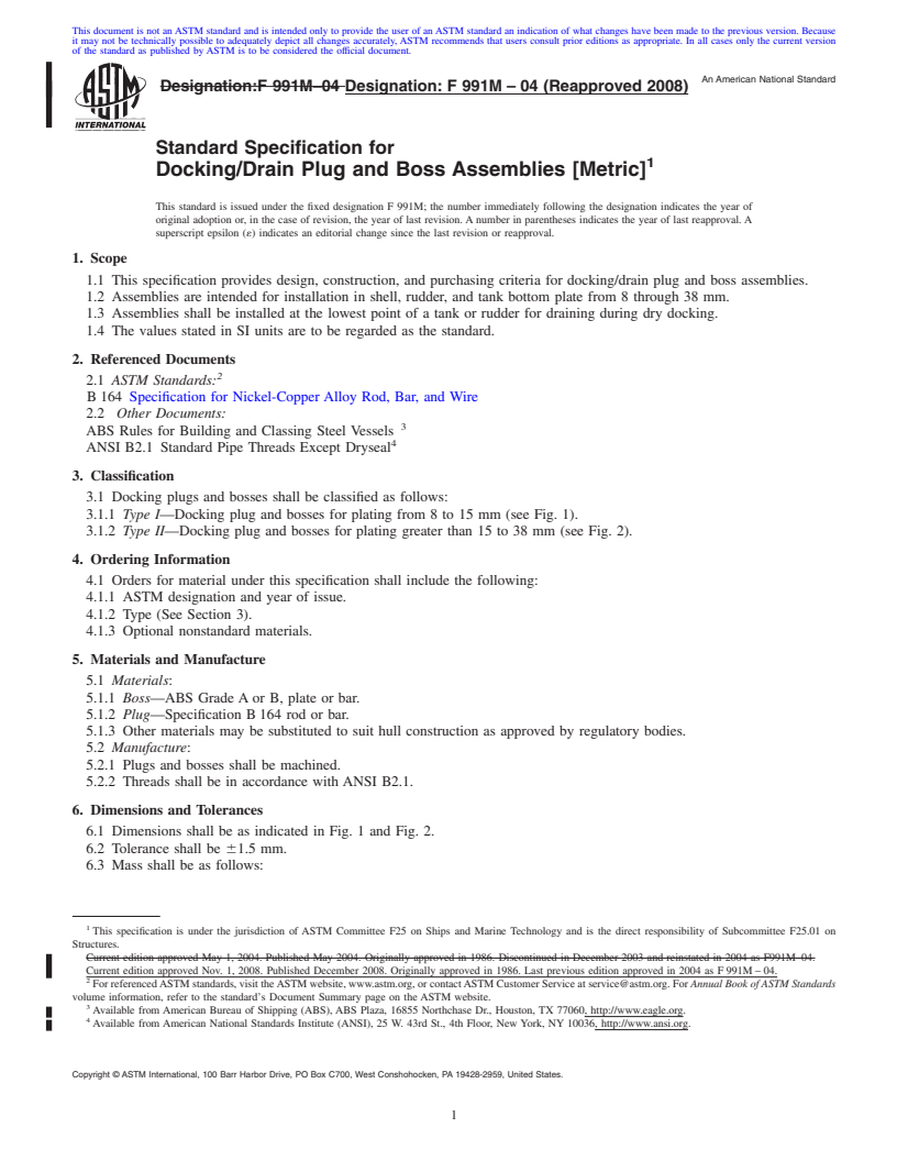 REDLINE ASTM F991M-04(2008) - Standard Specification for Docking/Drain Plug and Boss Assemblies [Metric]