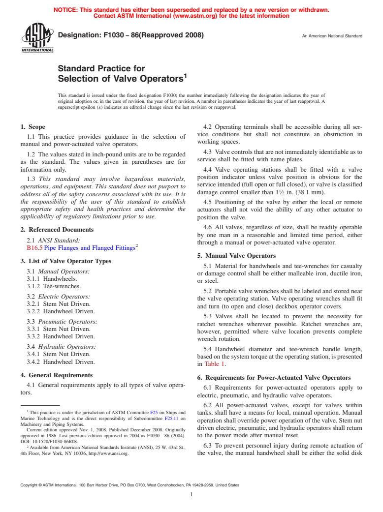 ASTM F1030-86(2008) - Standard Practice for Selection of Valve Operators