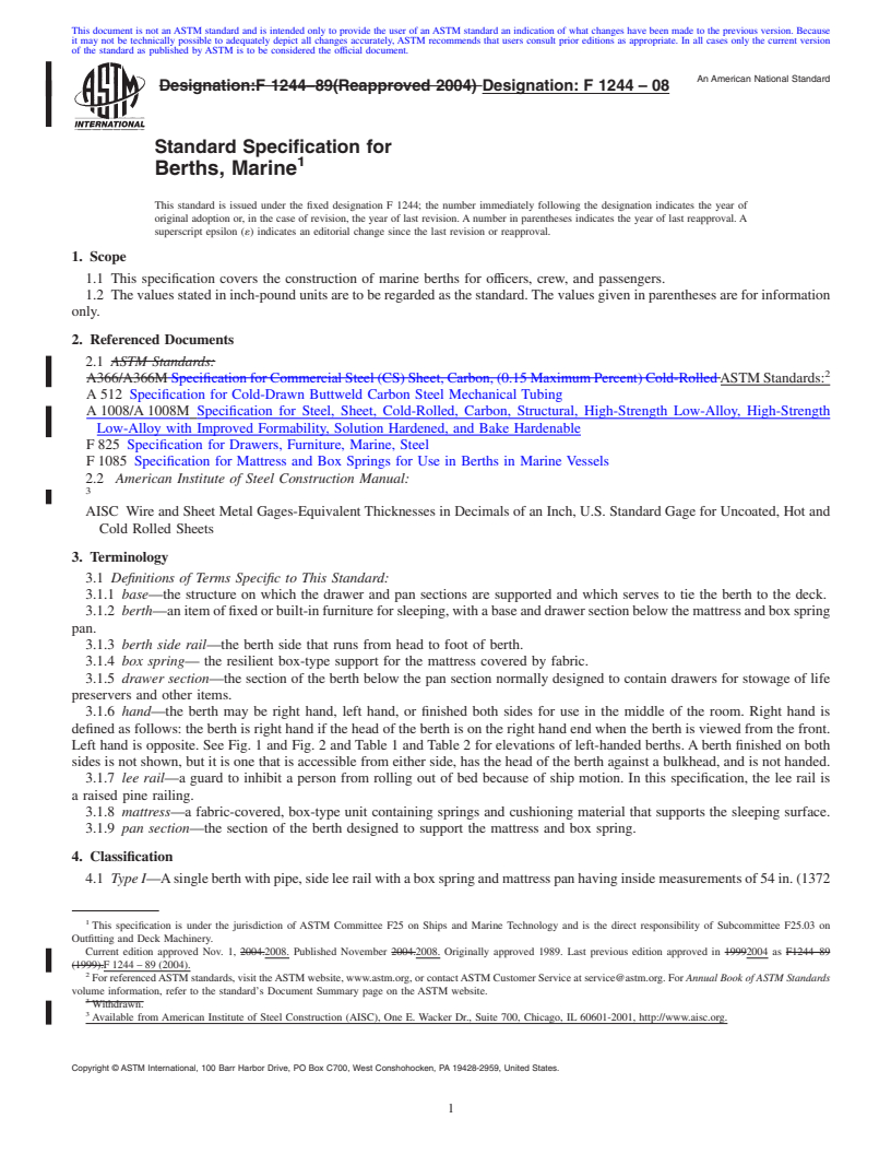 REDLINE ASTM F1244-08 - Standard Specification for Berths, Marine