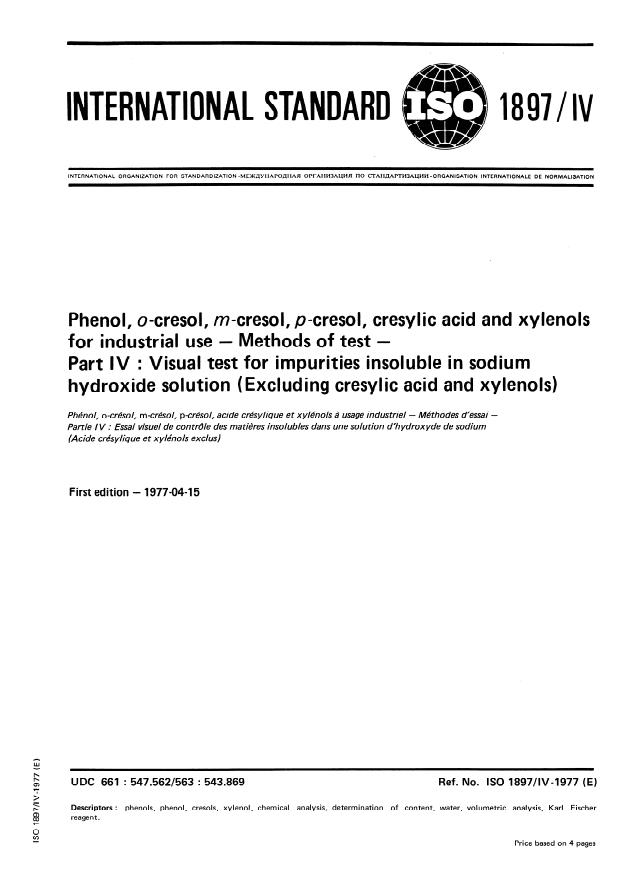 ISO 1897-4:1977 - Phenol, o-cresol, m-cresol, p-cresol, cresylic acid and xylenols for industrial use -- Methods of test