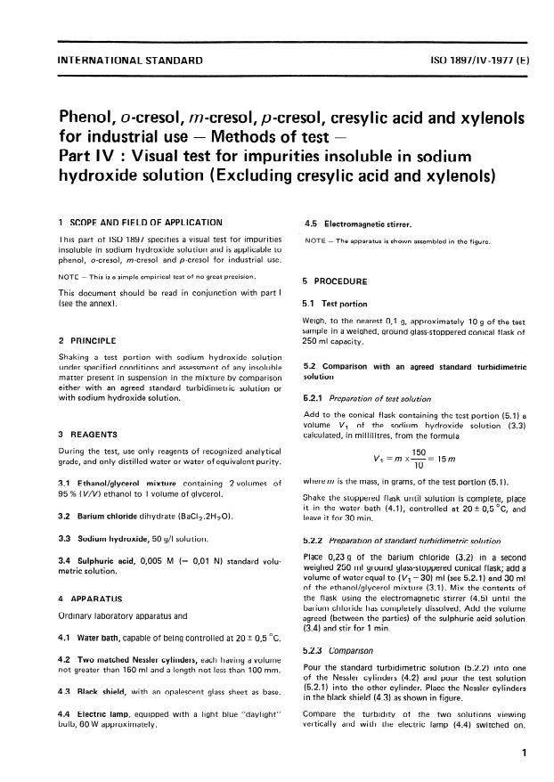 ISO 1897-4:1977 - Phenol, o-cresol, m-cresol, p-cresol, cresylic acid and xylenols for industrial use -- Methods of test