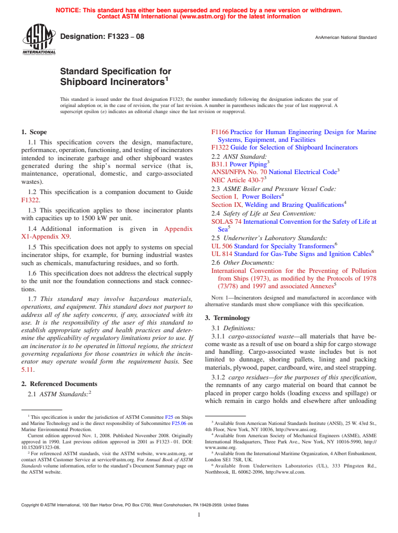 ASTM F1323-08 - Standard Specification for Shipboard Incinerators