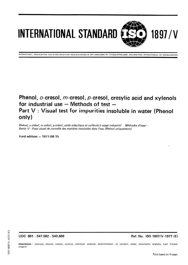 ISO 1897-5:1977 - Phenol, o-cresol, m-cresol, p-cresol, cresylic acid and xylenols for industrial use -- Methods of test