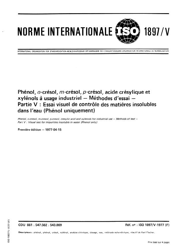 ISO 1897-5:1977 - Phénol, o-crésol, m-crésol, p-crésol, acide crésylique et xylénols a usage industriel -- Méthodes d'essai