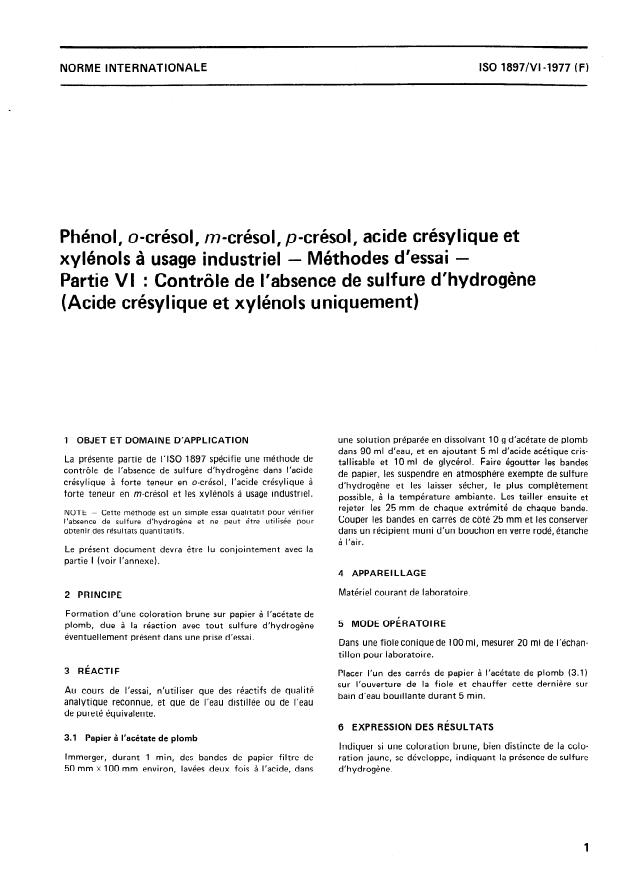 ISO 1897-6:1977 - Phénol, o-crésol, m-crésol, p-crésol, acide crésylique et xylénols a usage industriel -- Méthodes d'essai