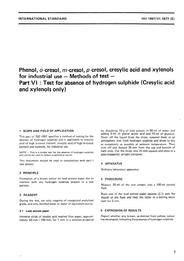 ISO 1897-6:1977 - Phenol, o-cresol, m-cresol, p-cresol, cresylic acid and xylenols for industrial use -- Methods of test