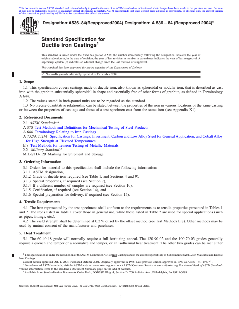 REDLINE ASTM A536-84(2004)e1 - Standard Specification for Ductile Iron Castings