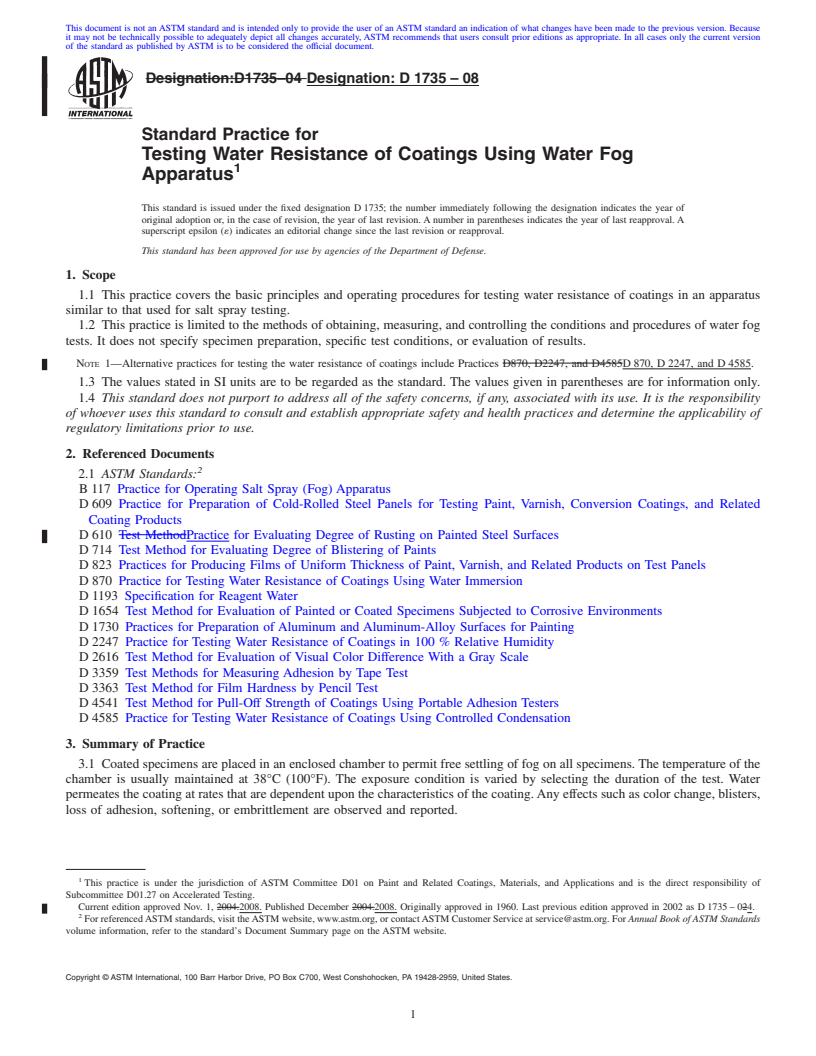 REDLINE ASTM D1735-08 - Standard Practice for Testing Water Resistance of Coatings Using Water Fog Apparatus