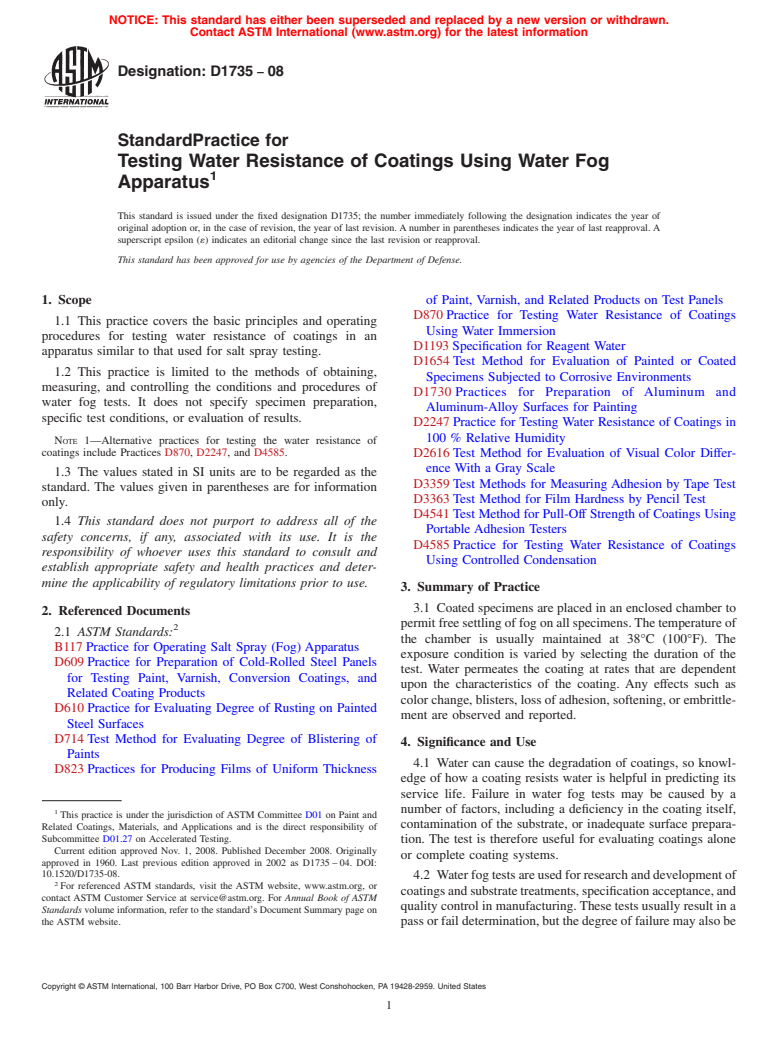 ASTM D1735-08 - Standard Practice for Testing Water Resistance of Coatings Using Water Fog Apparatus