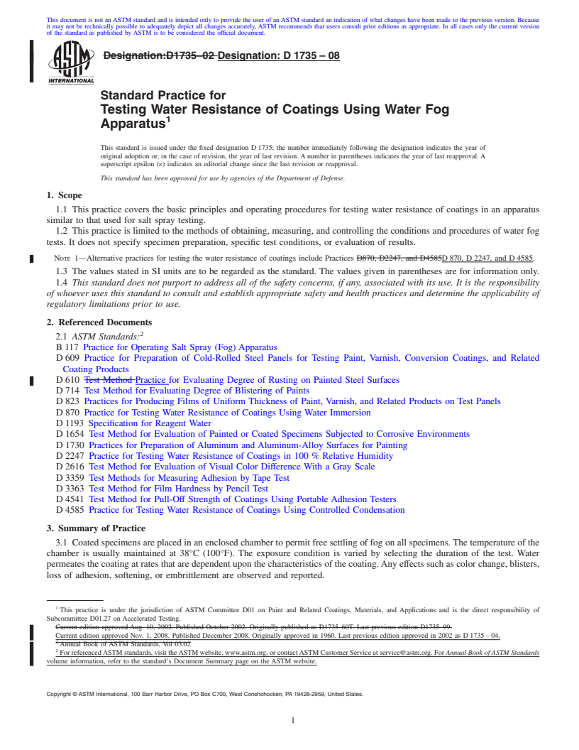 REDLINE ASTM D1735-08 - Standard Practice for Testing Water Resistance of Coatings Using Water Fog Apparatus