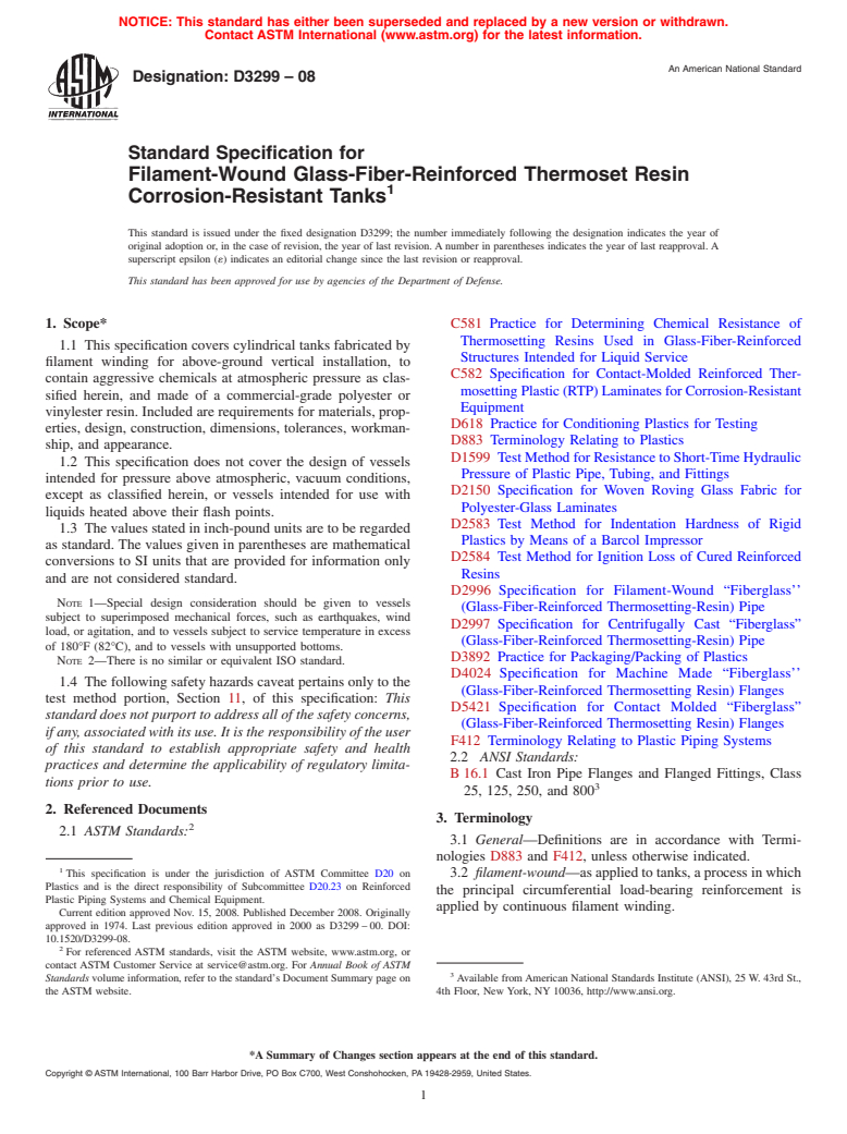 ASTM D3299-08 - Standard Specification for Filament-Wound Glass-Fiber-Reinforced Thermoset Resin Corrosion-Resistant Tanks