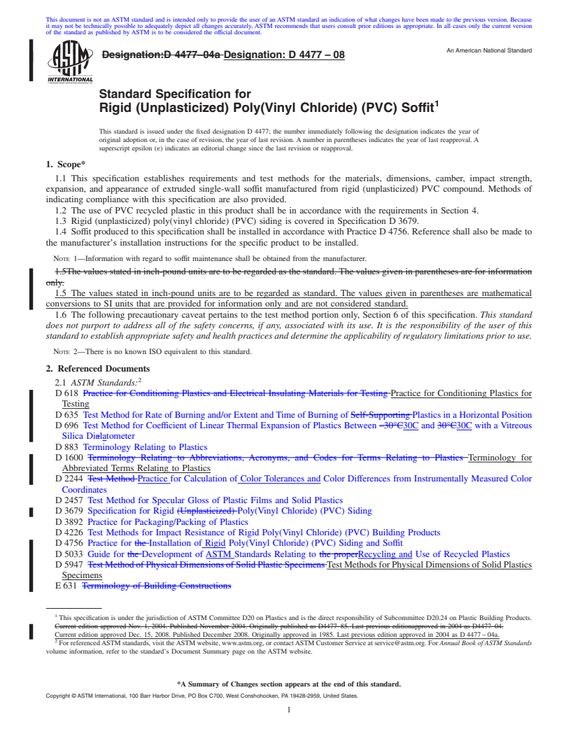 REDLINE ASTM D4477-08 - Standard Specification for Rigid (Unplasticized) Poly(Vinyl Chloride) (PVC) Soffit