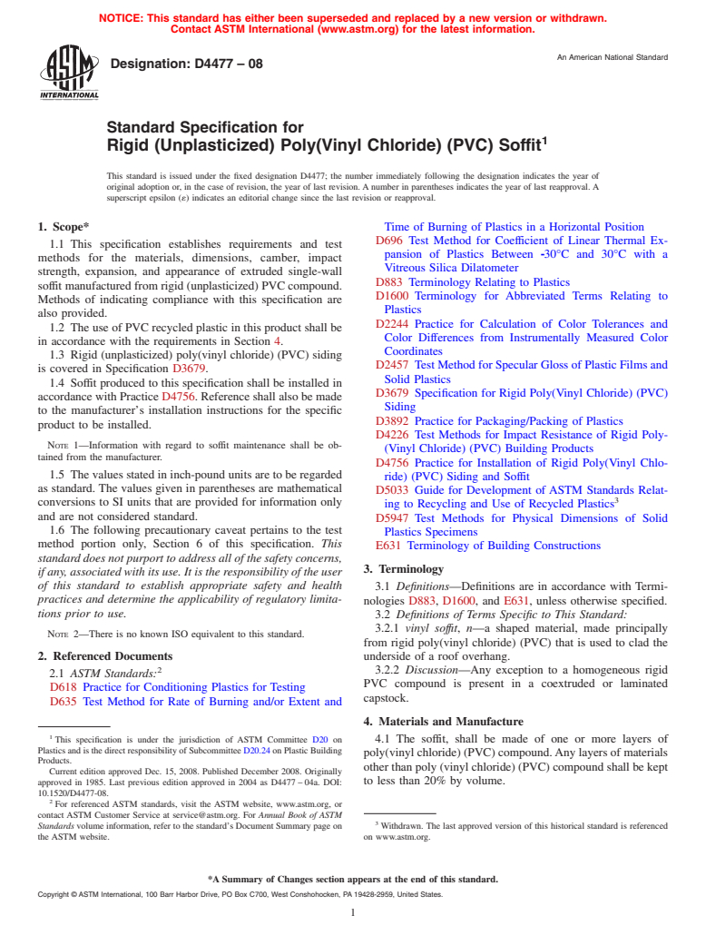 ASTM D4477-08 - Standard Specification for Rigid (Unplasticized) Poly(Vinyl Chloride) (PVC) Soffit