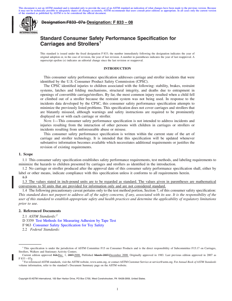 REDLINE ASTM F833-08 - Standard Consumer Safety Performance Specification for Carriages and Strollers