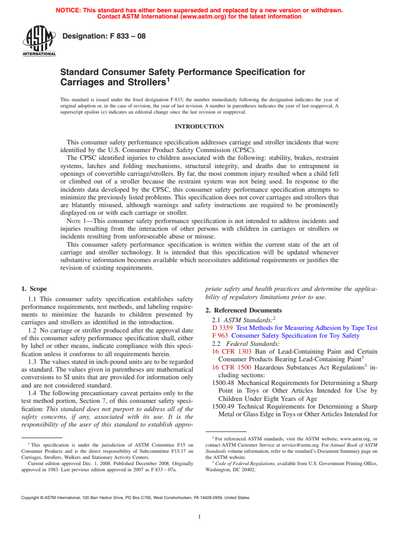 ASTM F833-08 - Standard Consumer Safety Performance Specification for Carriages and Strollers