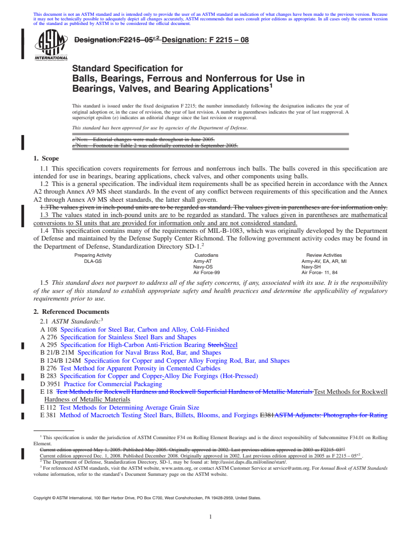 REDLINE ASTM F2215-08 - Standard Specification for Balls, Bearings, Ferrous and Nonferrous for Use in Bearings, Valves, and Bearing Applications