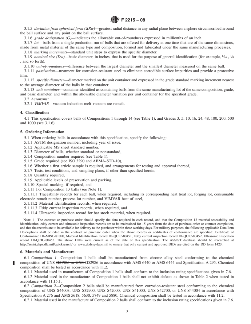 REDLINE ASTM F2215-08 - Standard Specification for Balls, Bearings, Ferrous and Nonferrous for Use in Bearings, Valves, and Bearing Applications