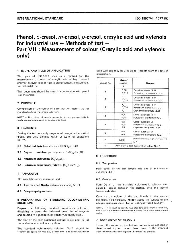 ISO 1897-7:1977 - Phenol, o-cresol, m-cresol, p-cresol, cresylic acid and xylenols for industrial use -- Methods of test
