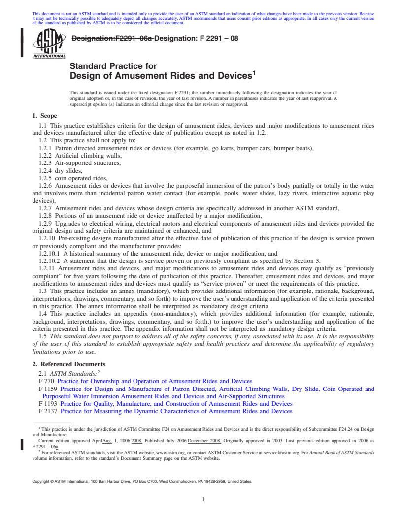 REDLINE ASTM F2291-08 - Standard Practice for Design of Amusement Rides and Devices