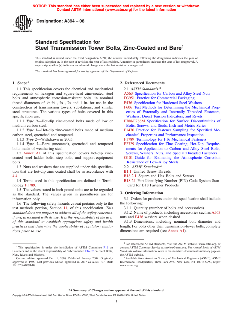 ASTM A394-08 - Standard Specification for Steel Transmission Tower Bolts, Zinc-Coated and Bare