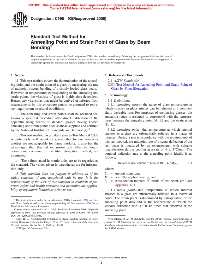 ASTM C598-93(2008) - Standard Test Method for Annealing Point and Strain Point of Glass by Beam Bending