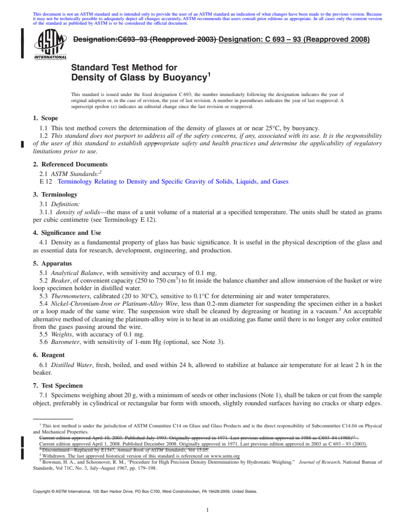 REDLINE ASTM C693-93(2008) - Standard Test Method for Density of Glass by Buoyancy