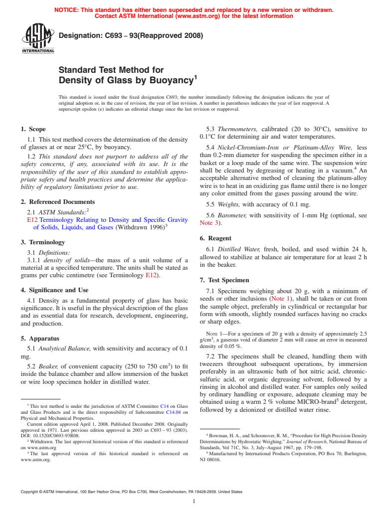 ASTM C693-93(2008) - Standard Test Method for Density of Glass by Buoyancy