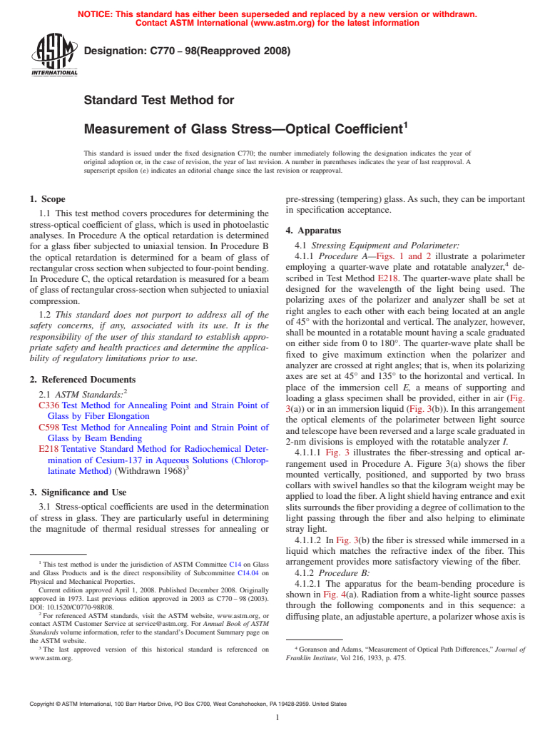 ASTM C770-98(2008) - Standard Test Method for Measurement of Glass Stress&#8212;Optical Coefficient