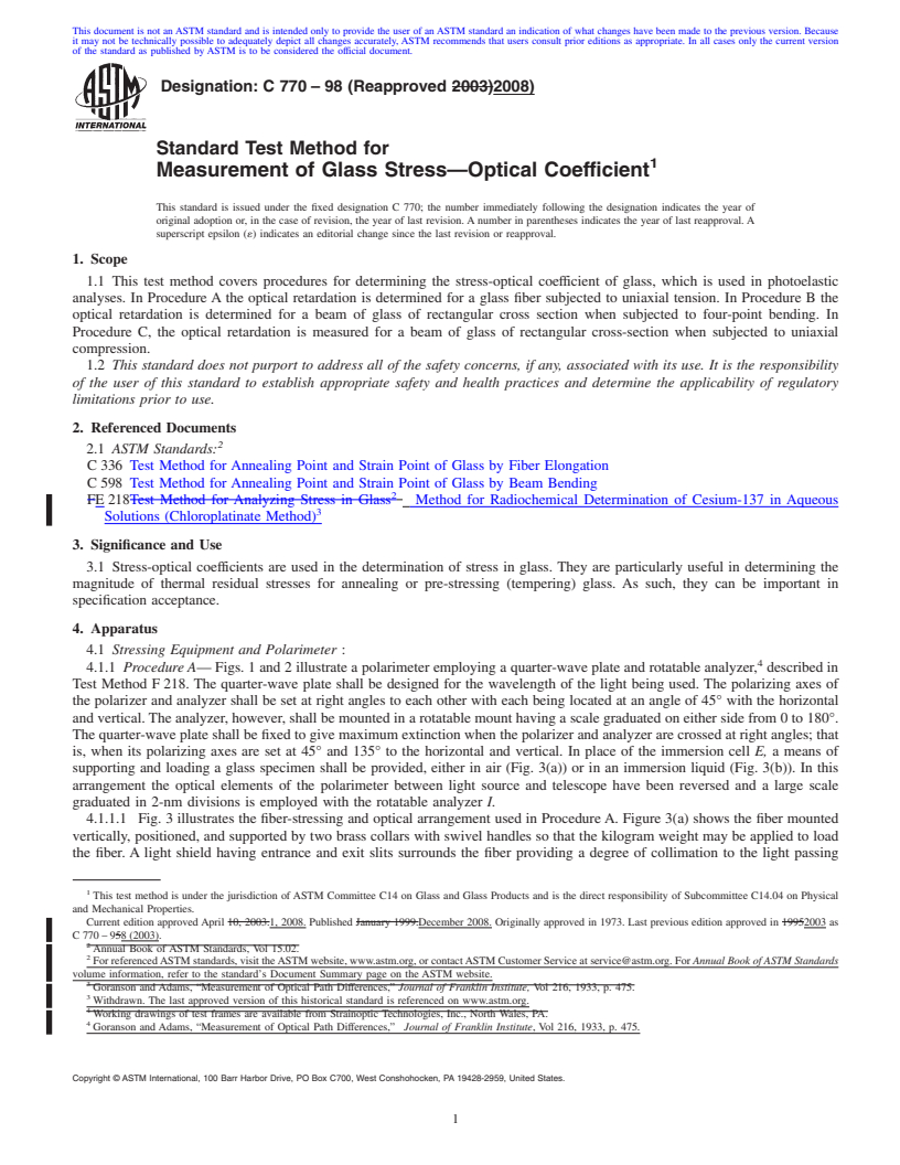 REDLINE ASTM C770-98(2008) - Standard Test Method for Measurement of Glass Stress&#8212;Optical Coefficient