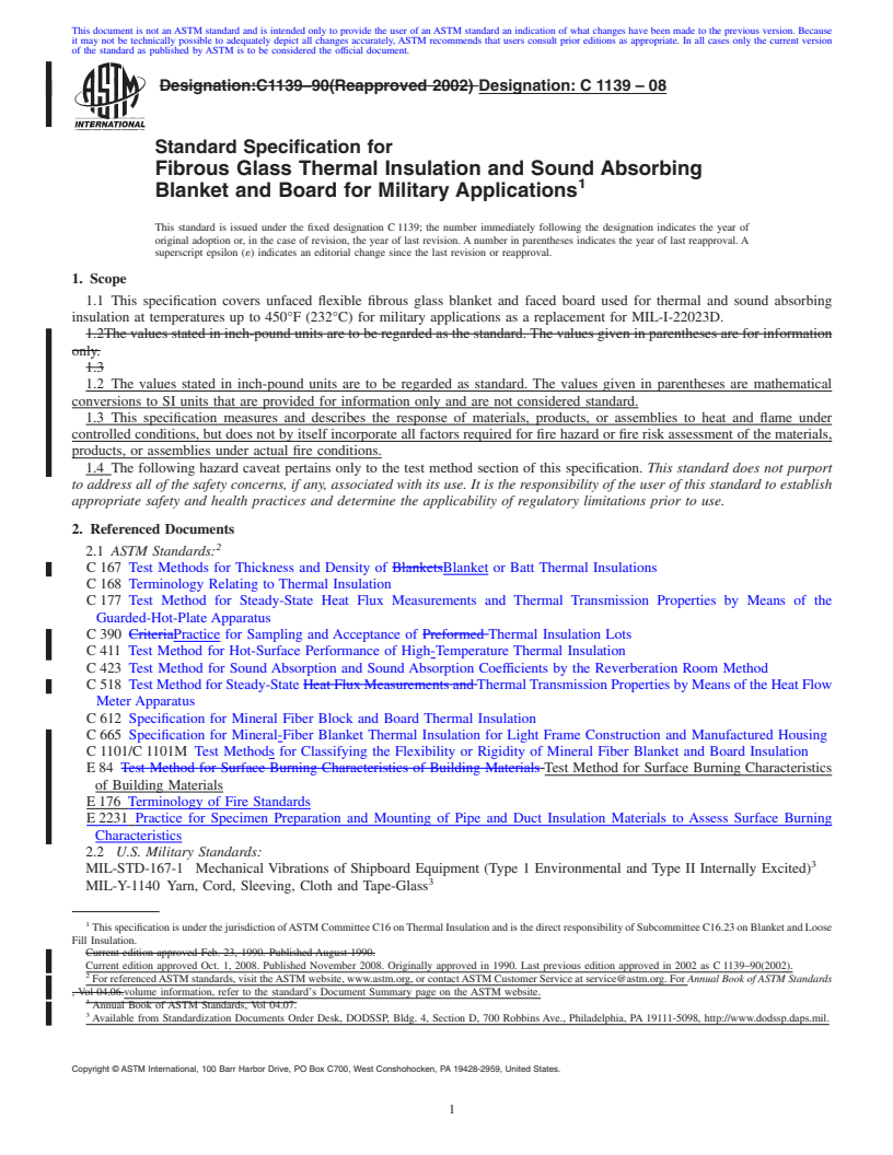 REDLINE ASTM C1139-08 - Standard Specification for Fibrous Glass Thermal Insulation and Sound Absorbing Blanket and Board for Military Applications