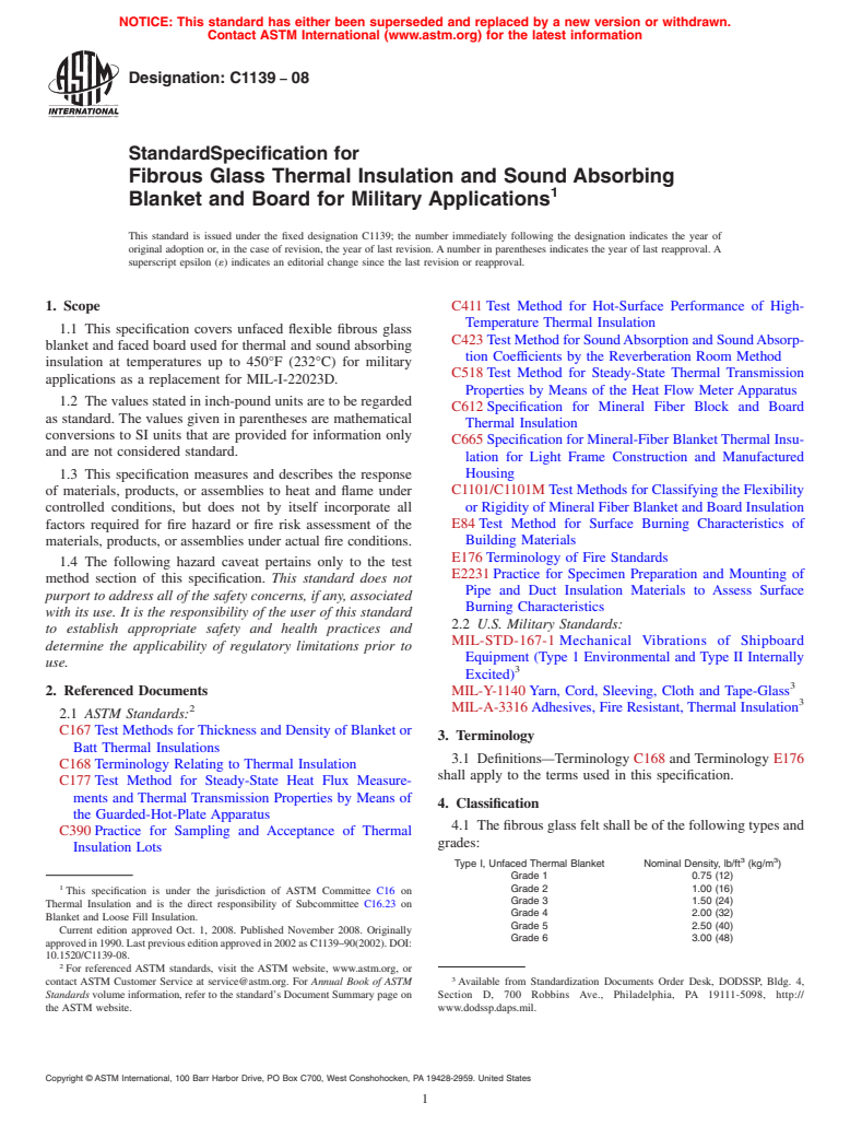 ASTM C1139-08 - Standard Specification for Fibrous Glass Thermal Insulation and Sound Absorbing Blanket and Board for Military Applications