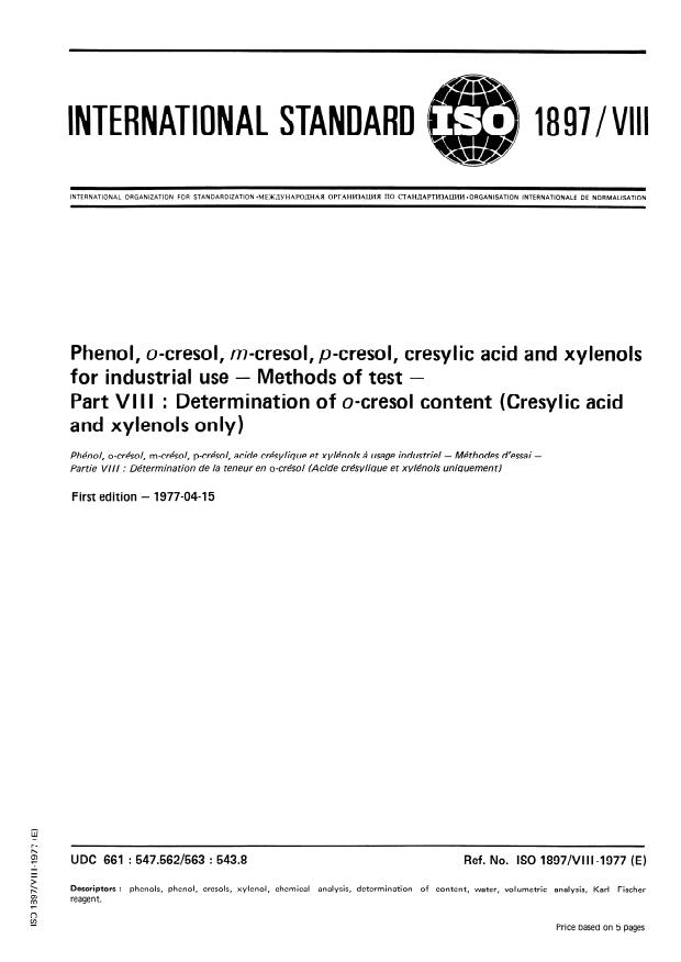 ISO 1897-8:1977 - Phenol, o-cresol, m-cresol, p-cresol, cresylic acid and xylenols for industrial use -- Methods of test