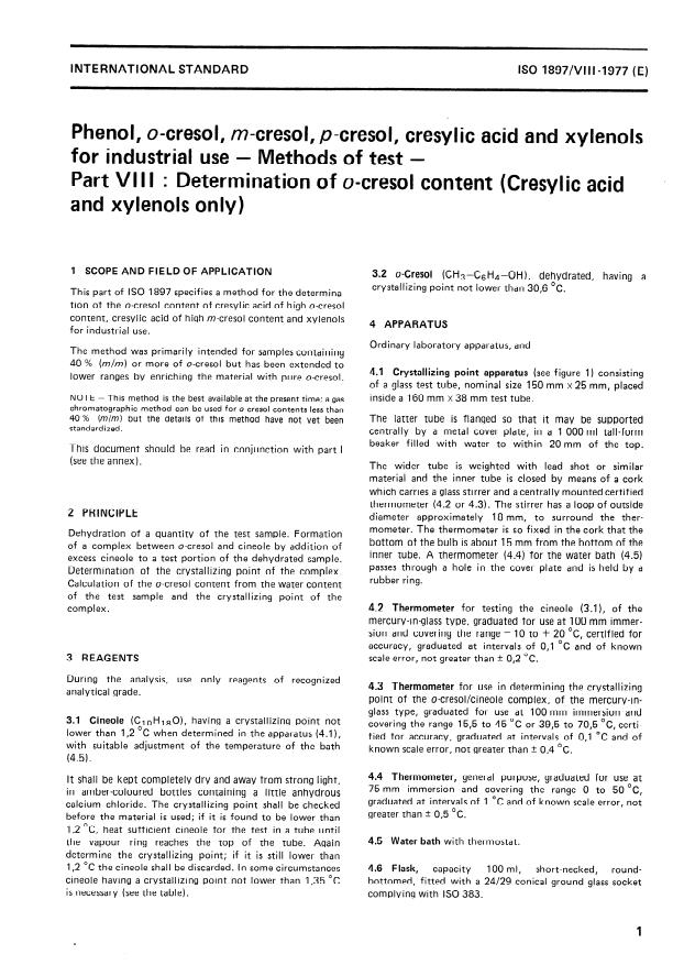 ISO 1897-8:1977 - Phenol, o-cresol, m-cresol, p-cresol, cresylic acid and xylenols for industrial use -- Methods of test