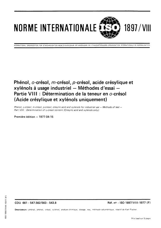 ISO 1897-8:1977 - Phénol, o-crésol, m-crésol, p-crésol, acide crésylique et xylénols a usage industriel -- Méthodes d'essai