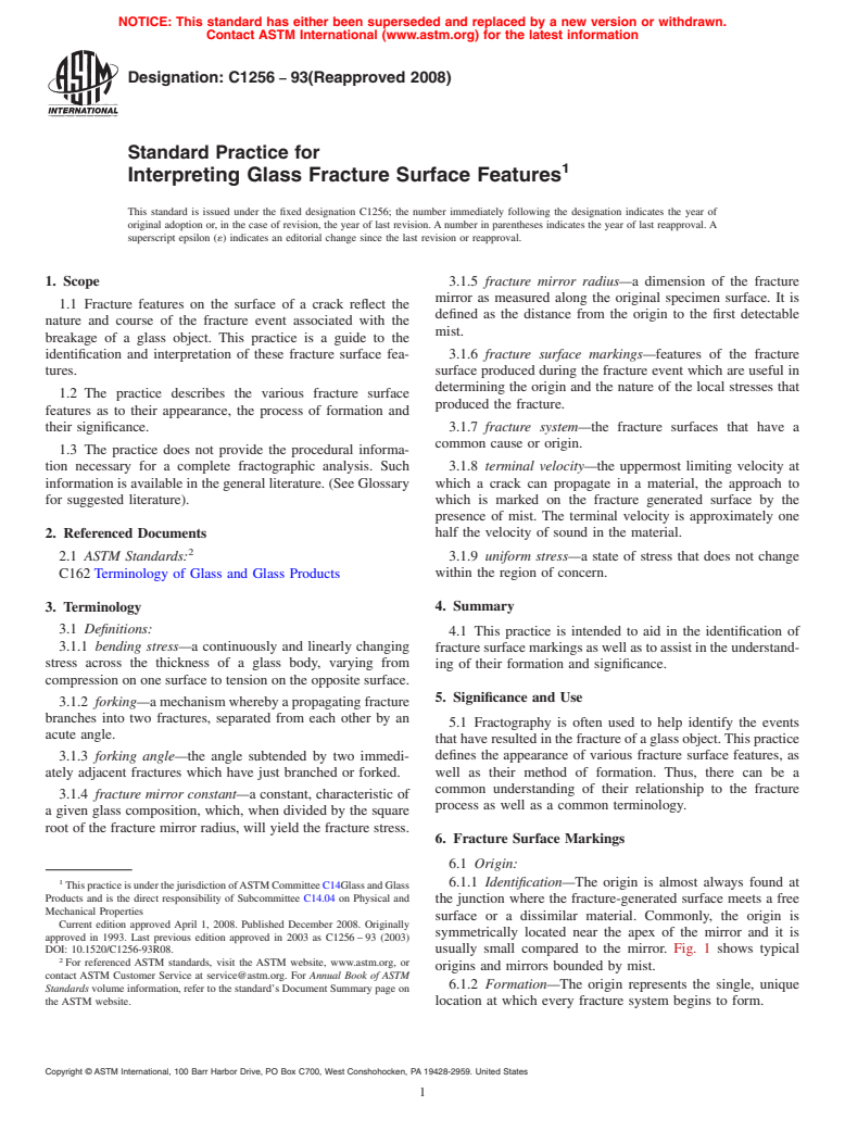 ASTM C1256-93(2008) - Standard Practice for Interpreting Glass Fracture Surface Features