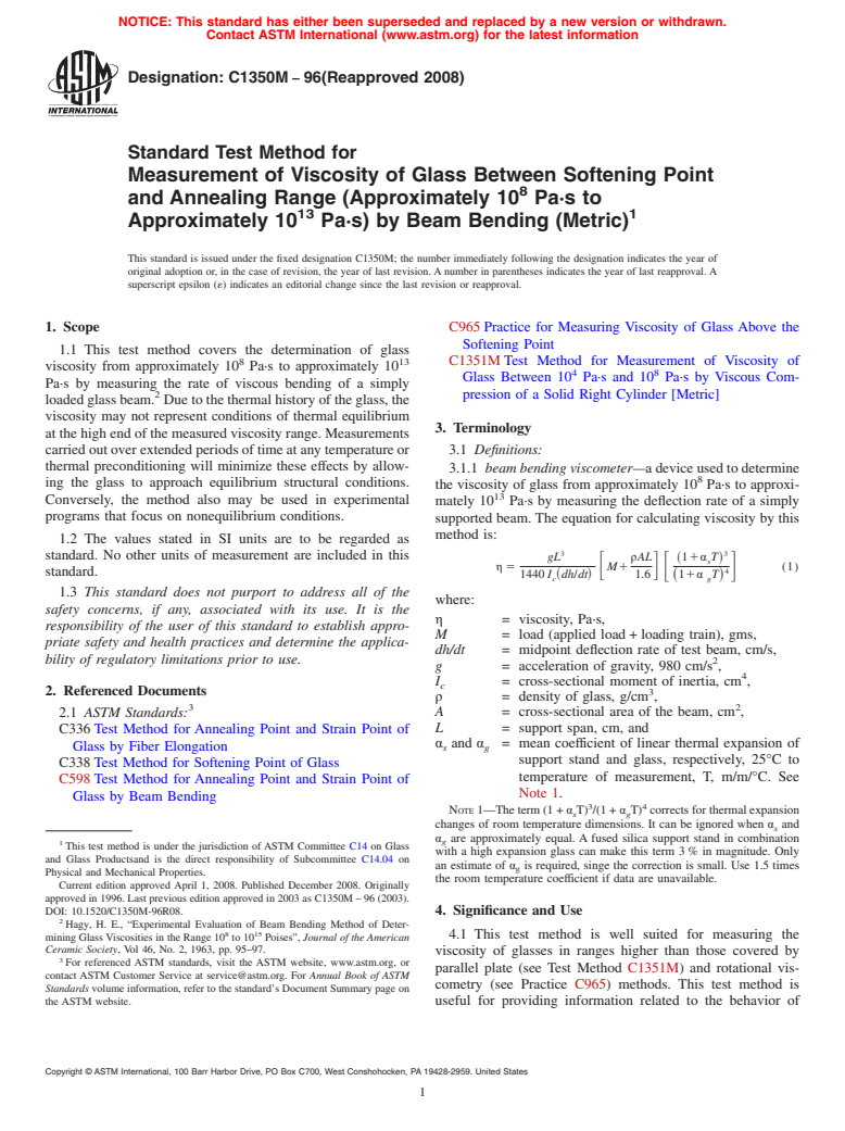 ASTM C1350M-96(2008) - Standard Test Method for Measurement of Viscosity of Glass Between Softening Point and Annealing Range (Approximately 10<sup>8</sup> Pa&#183;s to Approximately 10 <sup>13</sup> Pa&#183;s) by Beam Bending (Metric)