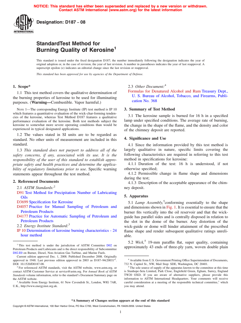 ASTM D187-08 - Standard Test Method for Burning Quality of Kerosine