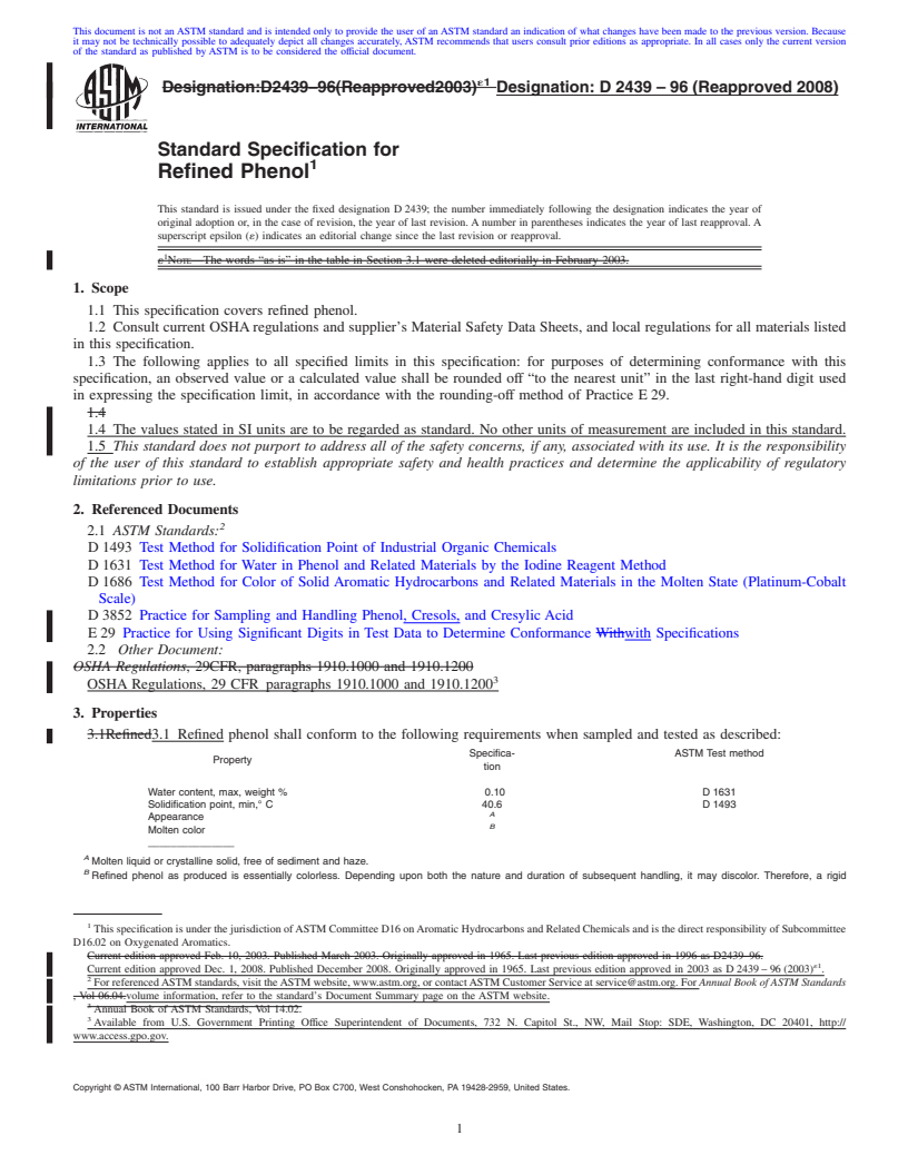 REDLINE ASTM D2439-96(2008) - Standard Specification for Refined Phenol