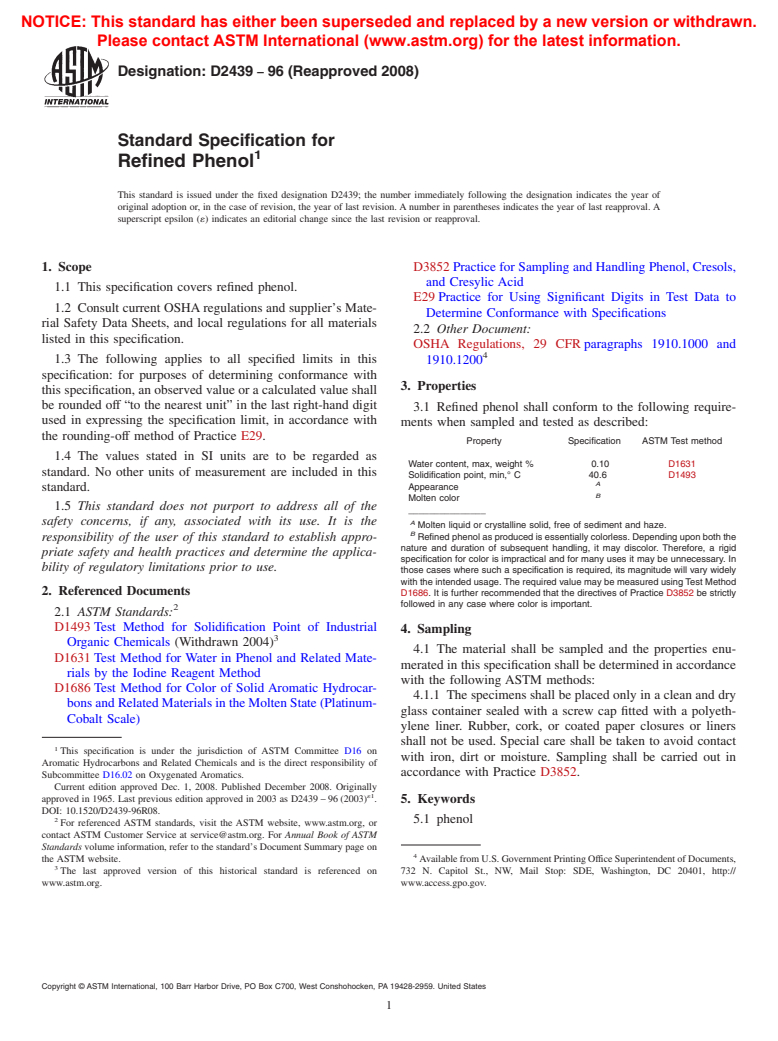 ASTM D2439-96(2008) - Standard Specification for Refined Phenol